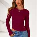 2 x PRETTYGARDEN Womens Long Sleeve Shirts 2026 Fall Trendy Crewneck Slim Fit Asymmetrical Going Out Tops Ruched Tee Y2k Clothes (Red, XL)