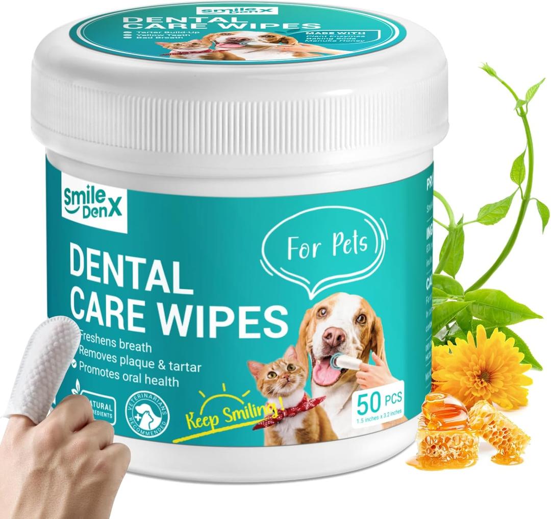 Teeth Cleaning Wipes for Dogs & Cats, Dog Finger Toothbrush Wipes, Dog Dental Care Finger Wipes, Dog Tooth Brushing Kit, Remove Plaque & Tartar Buildup, Fresh Breath (50 PCS, Unscented), BBD: 09/02/2027