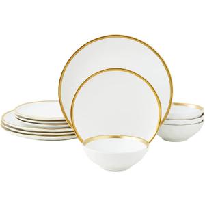 White Luxury Plates and Bowls Sets, 12 Piece Porcelain Dinnerware Sets Service for 4, Modern Dinner Plates Set, Gold Rim Dish Set for Wedding Anniversary Birthday