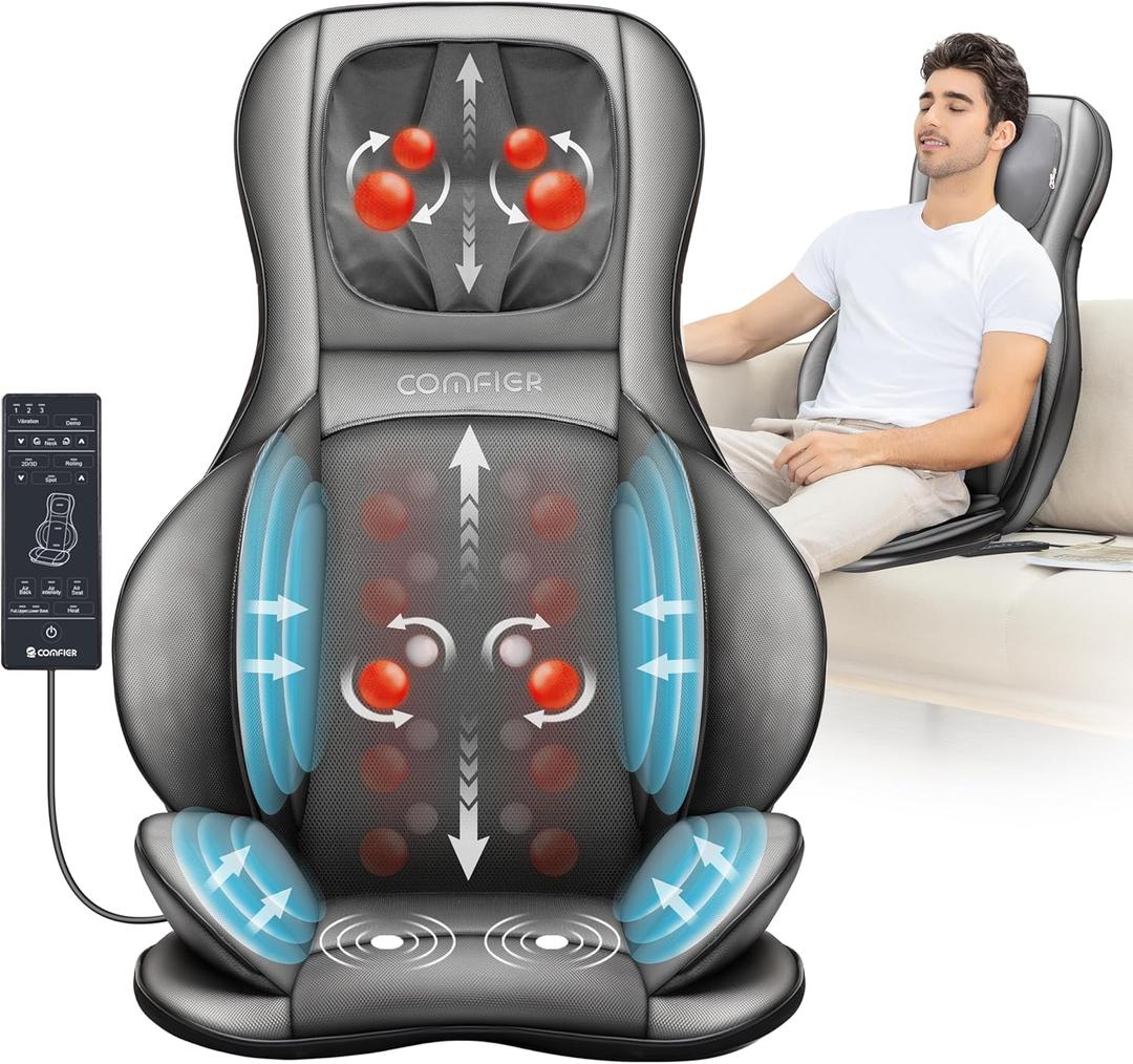 COMFIER Back Massager for Pain Relief Deep Tissue, Shiatsu Neck and Back Massager with Heat, Rolling & Compression Massage Chair Pad for Office Chair, Full Body Massage Chair Gift for Mom Dad (Soft Gray)
