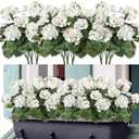 Dremisland 6 Pack Artificial Geranium Flowers for Outdoors Fake Geranium Silk Flowers Outdoor UV Resistant Garden Plants Bush Faux Flowers for Home Wedding Table Centerpieces Decor (White, 6 Pack)