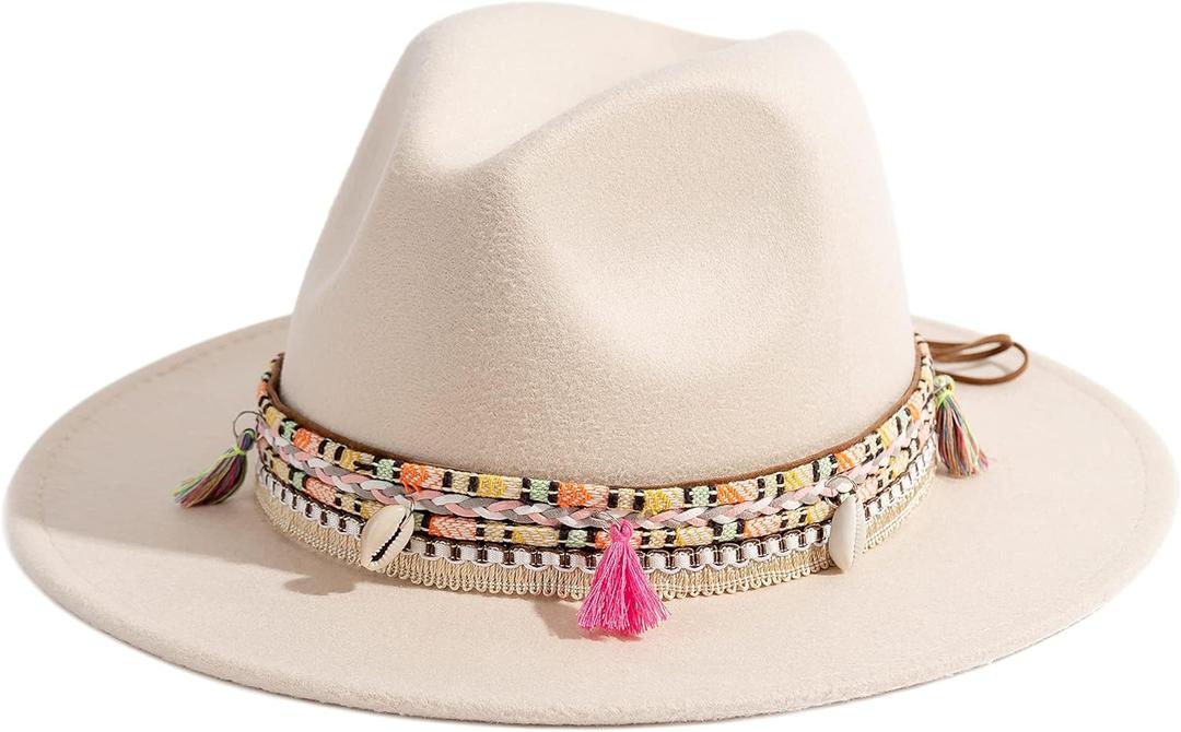Gossifan Women's Felt Fedora Hat Wide Brim Panama Hats with Tassel (Medium)