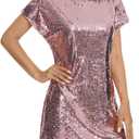 FEMI SEMI Women's Crewneck Sequin Shift Dress Short Sleeve Casual Holiday Sparkly Party Dress (Pink, L)