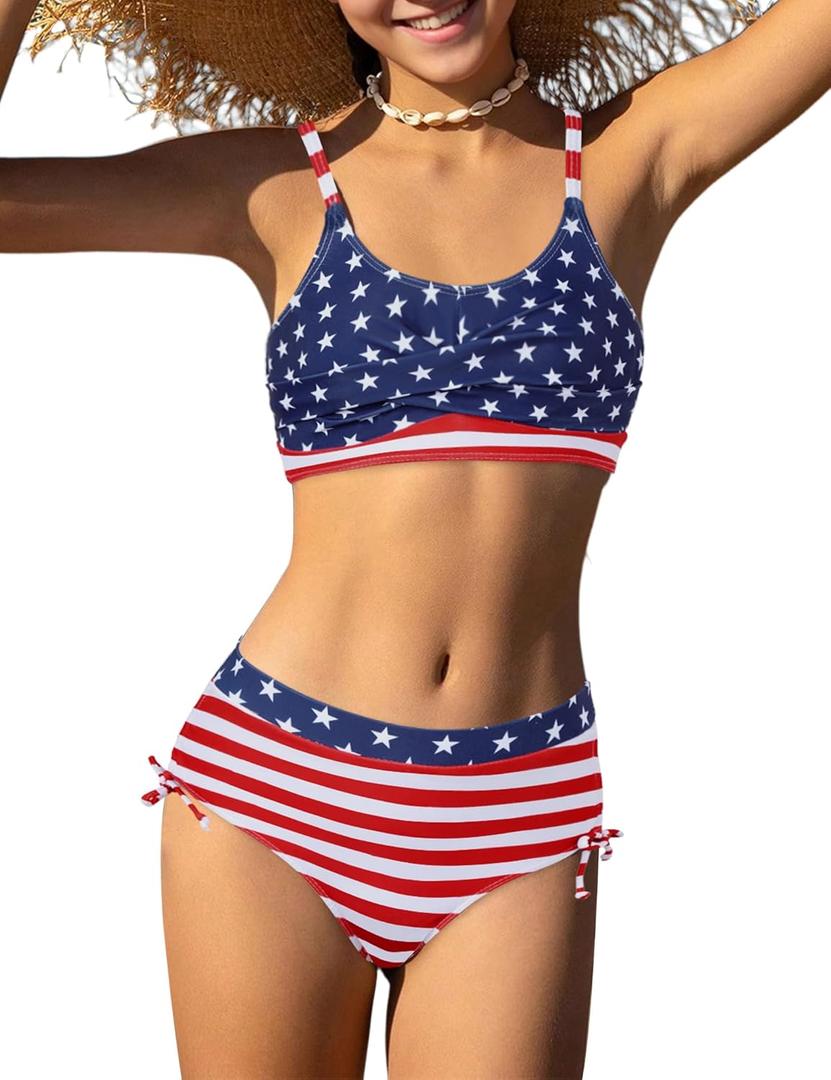 Gaupafmb Girls 4th of July Swimsuit 2pcs Patriotic Stars Print Twist Top with Stripes American Flag Bikini Sets Girls Bathing Suits Size 14-16
