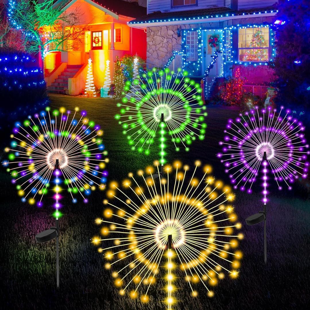 4 Pack 150 LED Solar Garden Lights Outdoor, 8 Modes Firework Lights Solar Powered, Waterproof Twinkle Fairy Light Outside for Yard Patio Pathway Christmas Party DecorativeColor Green Purple White