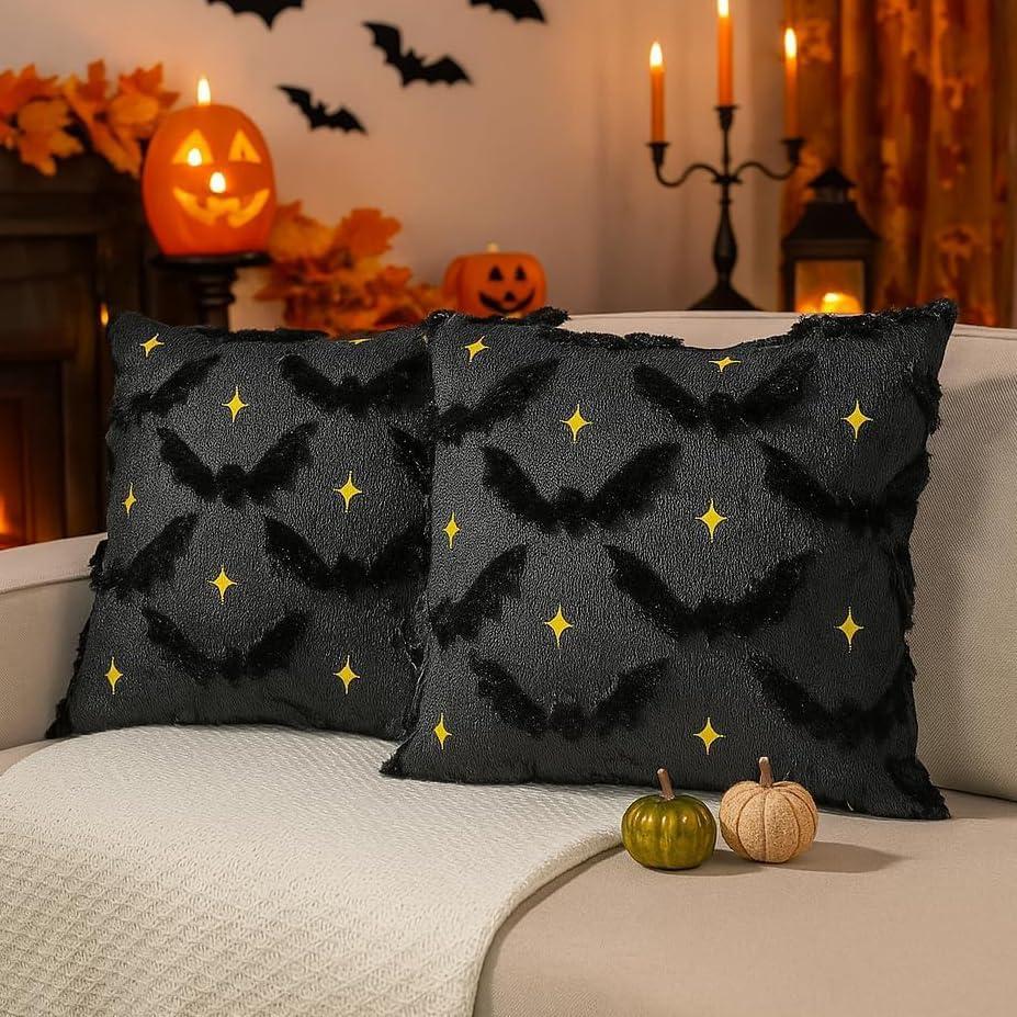 Halloween Pillow Covers 18x18 Inch Set of 2 Black Bat Halloween Throw Pillow Covers Holiday Farmhouse Pillowcase Couch Cushion Case for Indoor Outdoor Home Sofa Decor