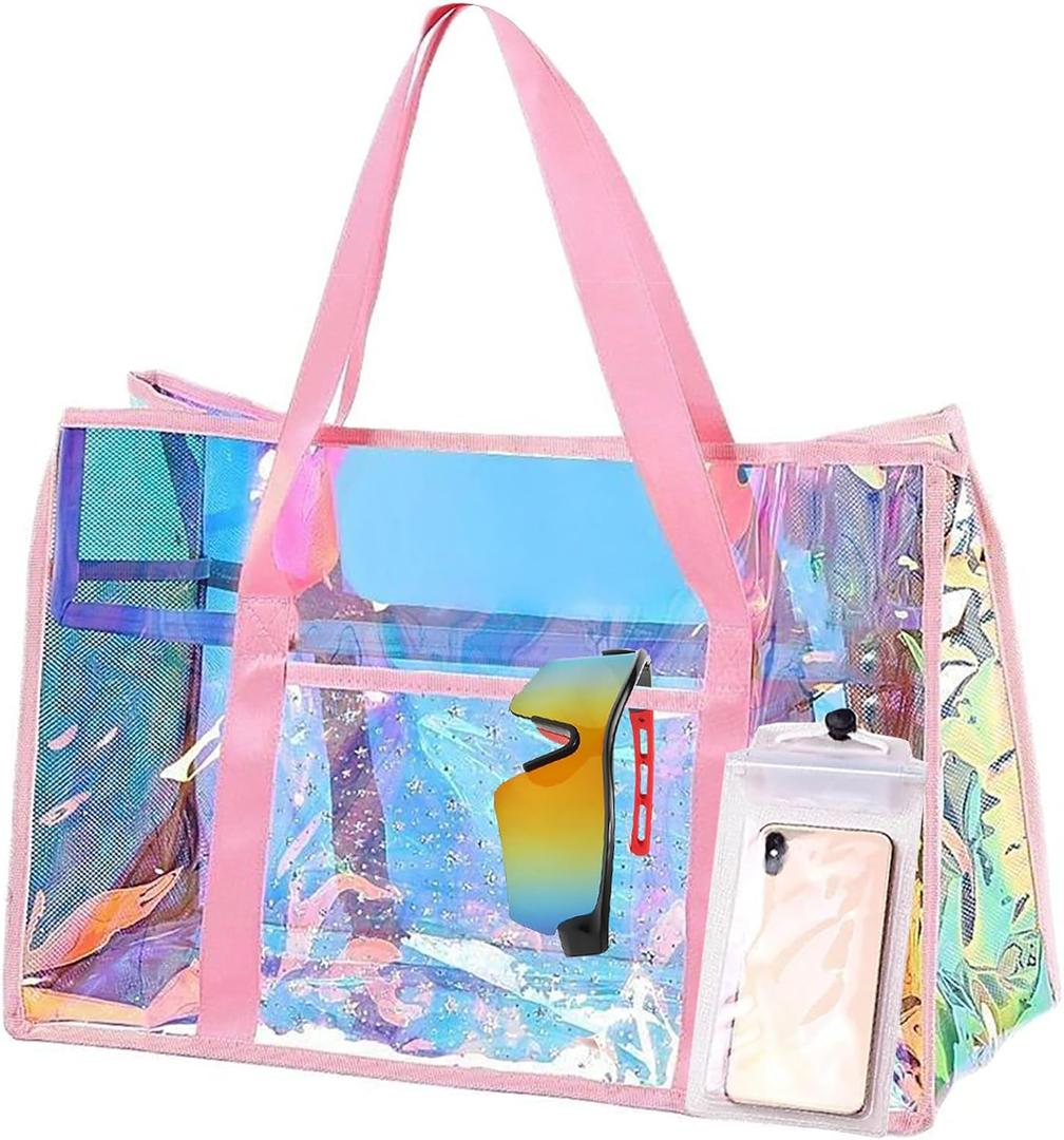 Gohgoh Beach Bag 29L Sand-proof Holographic Beach Bag Iridescent Beach Tote Bag with Zipper and Phone Pouch for Beach, Pool (Pink)