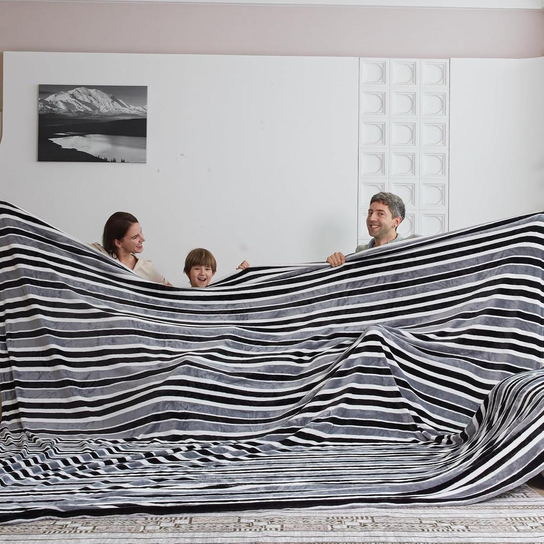 COOVA Oversized King Fleece Blanket 120x120 inches, Soft Cozy Warm Giant Extra Large 10'x10' Blanket for Bed, Sofa, Couch,Travel, Camping, California Huge Flannel Big Throw Blanket, Grey Stripes