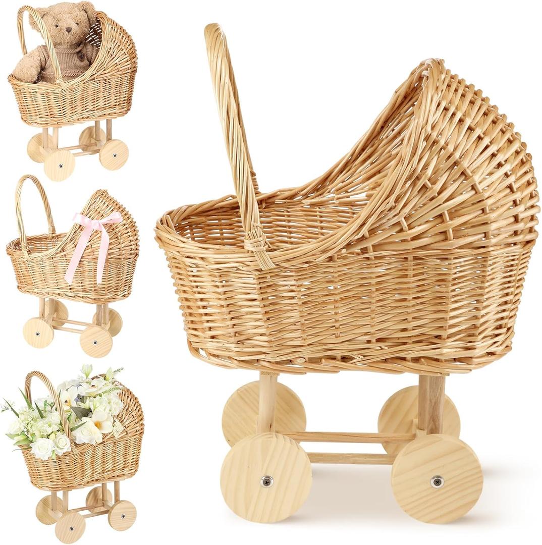 Wicker Baby Carriage Wicker Stroller for Baby Shower Vintage Woven Rattan Flower Basket Decorative Cart Storage with Handle for Floral Arrangement Wedding Photo Props(Wood Color,20 in)