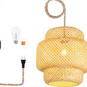 Plug in Pendant Light Rattan Hanging Lights with Plug in Cord Bamboo Hanging Lamp Dimmable,Handmade Woven Boho Wicker Basket Lamp Shade,Plug in Ceiling Light Fixture for Living Room Bedroom Kitchen