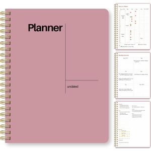 Undated Weekly Planner, 8.5x11  Dashboard Layout with Yearly Review, Monthly Calendars, & Weekly To Do List, Spiral Bound Organizer for Work, Study & Life (Pink)