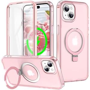 Turquiase for iPhone 15 Full Body Shockproof Case with Magnetic Invisible Stand [Compatible with MagSafe] Built-in Screen Protector Military Drop ProtectionTranslucent Phone Cover -Pink