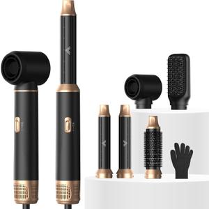 Atopskins 5 in 1 Hair Dryer Brush Set, Detachable Hot Air Styler, Blow Dryer Brush, 3 Heat Settings Auto Curling Wrap Styler, Ionic Hair Styling Tools - Straighten Curl Dry Volumize Smooth (Black)