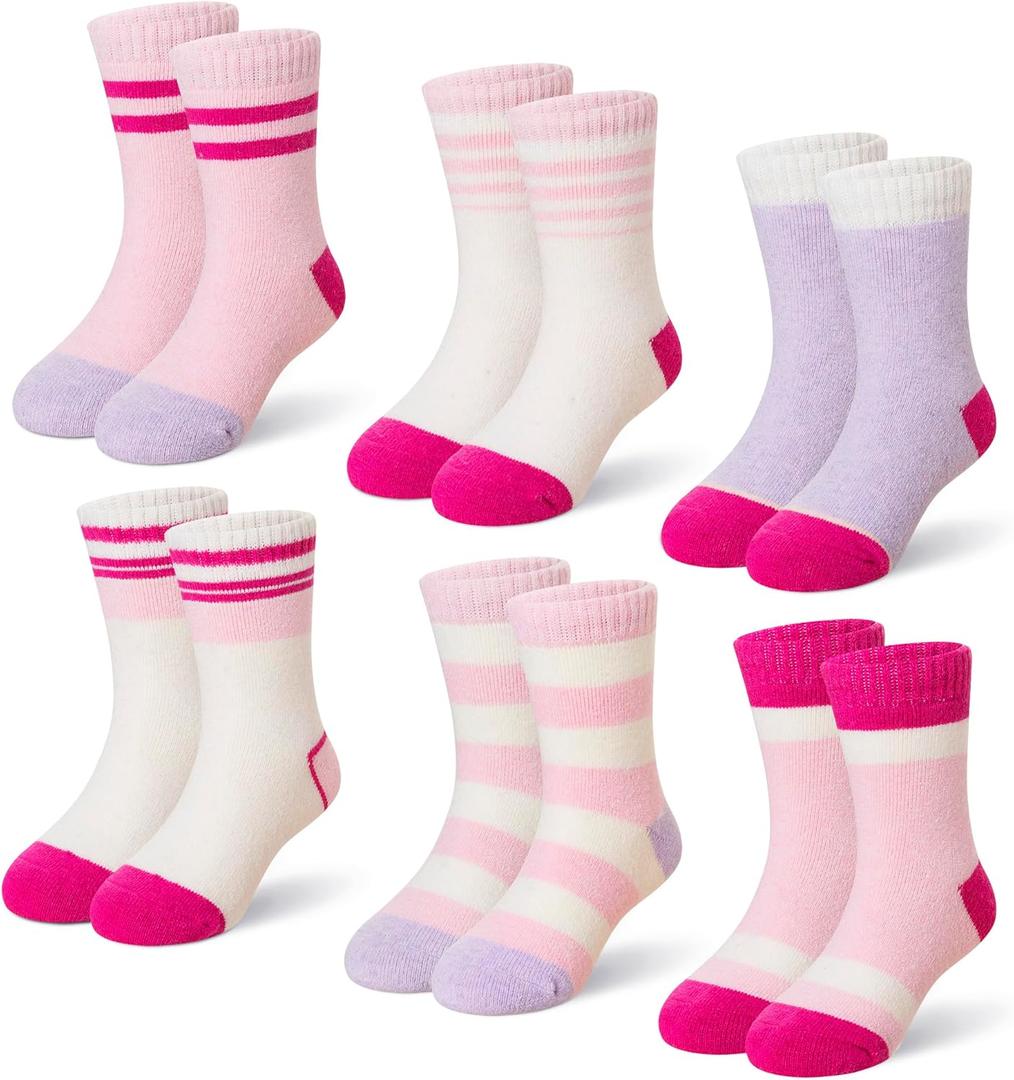 Eyean Kids Merino Wool Socks Boys Girls Thermal Winter Hiking Warm Thick Boot Cozy Toddler Crew Socks 6 Pairs (4-7 Years, Pink Stripe)