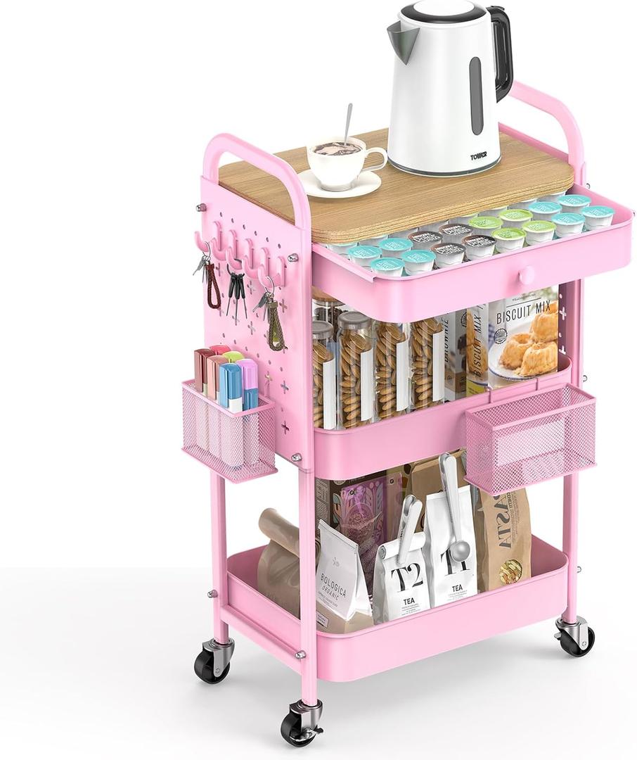 ALVOROG Rolling Cart with Drawer and Wood Table Top, 3 Tier Metal Rolling Utility Cart on Wheels with DIY Pegboards, Hanging Baskets,Hooks for Kitchen, Bedroom, Office, Craft Supplies (Cherry Blossom Pink)