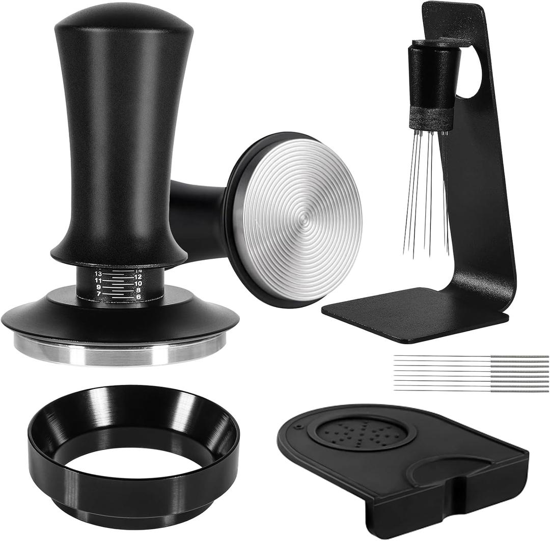 Espresso Accessories Kit 58mm, Coffee Tamper with Spring Loaded Calibration, 316 Stainless WDT Tool with Magnetic Stand and Dosing Funnel Set Fits Espresso Machine Press and 58mm Portafilters (Black)