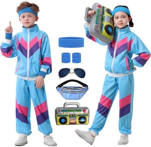 Ezuwail Kids 80s 90s Tracksuit Outfit for Boys Girls 6Pcs Unisex Retro Windbreaker Toddler Workout Hip Hop Dance Costume  8-10