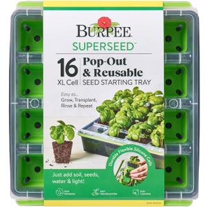 Burpee SuperSeed Seed Starting Tray | 16 XL Cell | Reusable & Dishwasher Safe | for Starting Vegetable Seeds, Flower Seeds & Herb Seeds | Indoor Grow Kit for Deep-Rooted Seedlings, Green