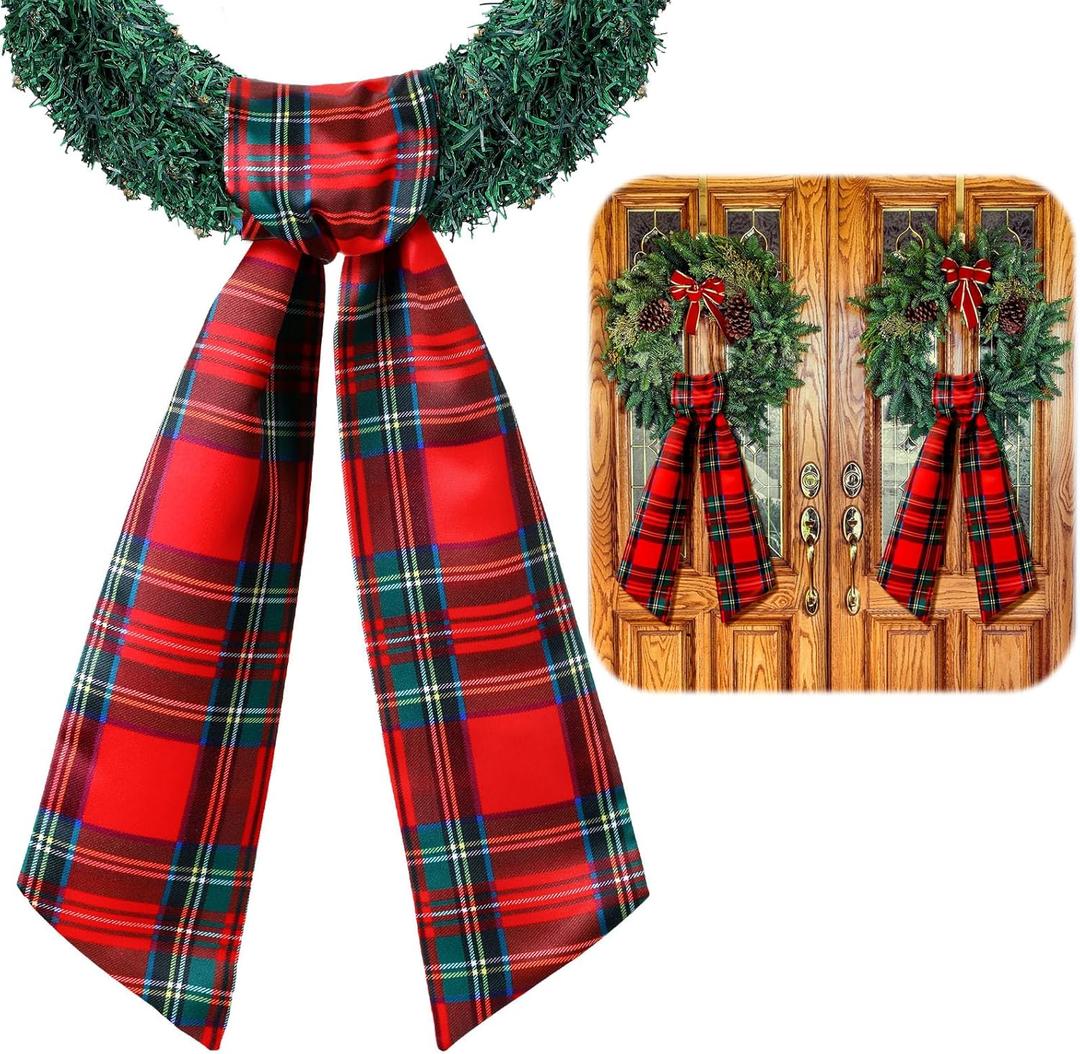 VitalCozy 2 Pcs Wreath Sash for Front Door Wreath Sash Garland Ribbon Accessories for Embroidery Monogram Outdoor Indoor Xmas Party Yard Doorway 4.5" W x 56" L(Red,Plaid)
