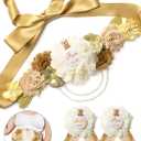 Baby Shower Sash Decorations Mom to Be Corsage Gift Dad to Be Pin 3Pack Set Gold Flower Belt for Maternity Dress - Gender Reveal Pregnancy Photo Props