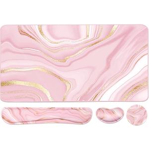 Keyboard Mouse Pad Set, Extended Mouse Pad+Keyboard Wrist Rest Support, Memory Foam Ergonomic Easy Typing, 3Pcs (35.415.7 in) Desk Pad Set for Home Office Study Game- Pink Gold
