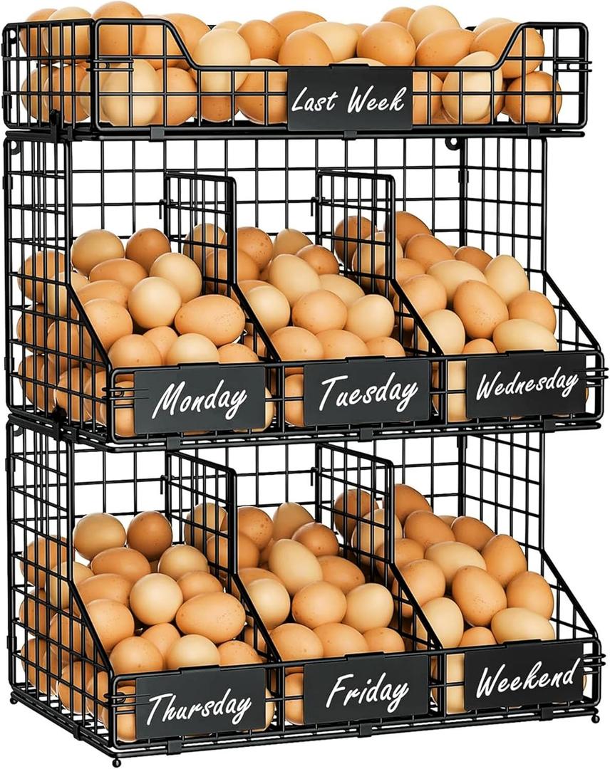 Xcosrack Egg Holder Countertop, 3 Tier Egg Rack with Labels Dividers to Separate Eggs, Stackable Wire Baskets for Fresh Egg, XXL Egg Dispenser for Countertop/WallMounted 