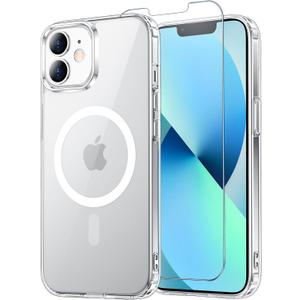 for iPhone 12 Mini Case & iPhone 13 Mini Case Clear with Screen Protector, Compatible with Magsafe, Anti-Yellowing, Military-Grade Protection, Shockproof Slim Magnetic Phone Case Cover
