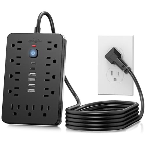 JouleLoom 10 FT Flat Plug Surge Protector Power Strip,11 Multiple AC Outlets with 6 USB Ports (2 USB C), 10 Feet Extension Cord, 1250W/10A, One Touch Switch Button, 17 in 1 Compact powerstrip