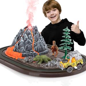ArtCreativity Dinosaur Playset with Volcano Eruptions, Sounds & Wind-up Truck
