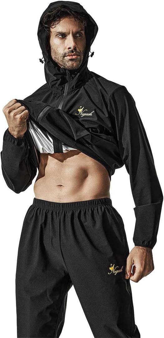 Zipper Sauna Suit with Hood - Ultimate Sweat Suit for WeightLose, Men's Sauna Suit | Intense Workout Gear for Men (Large, Black Jacket&pants)