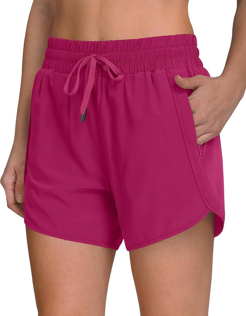 Women's 5" Running Shorts Quick Dry Sporty Athletic Gym Workout Shorts with Zipper Pockets Liner (Pink)