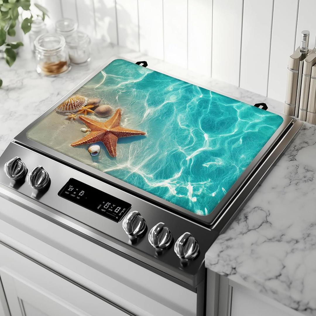 Electric Stove Top Cover Protector, Starfish Shell Sea Beach Heat Resistant Glass Top Stove Oven Induction Cooktop Mat with Rubber for Kitchen Top Covers 28.5×20.5 in
