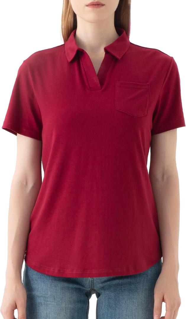 Women's V-Neck Ruffle Design Polo Shirts Short Sleeve Collared Loose Casual Tunic Blouses with Pocket (Red, M)