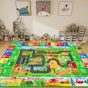 Kids Rug ABC Farm Play Mat for Toy Cars, 59"39.4" Farm Life Road Traffic for Playroom Kids Car Road Rugs Village Map Play Mat Non-Slip Washable Play Rug for Toddlers Boys Room Playtime