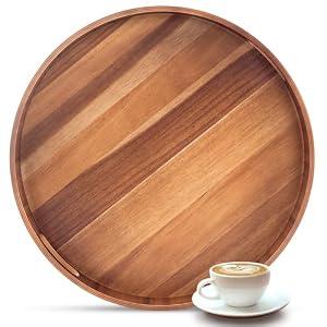Decent Vrvege 20 Inch Ottoman Coffee Table Tray with Handles, Large Round Wooden Serving Tray, Big Decorative Kitchen Organizer Giant Sofa Storage Trays Huge Counter Serveware