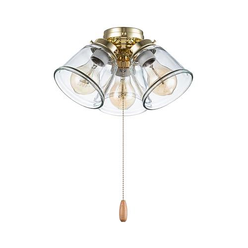 Aspen Creative 22015-1, Three-Light Ceiling Fan Light Kit with Pull Chain, Polished Brass Finish with Clear Glass Shades, 13-1/8" Diameter x 6-3/4" Height