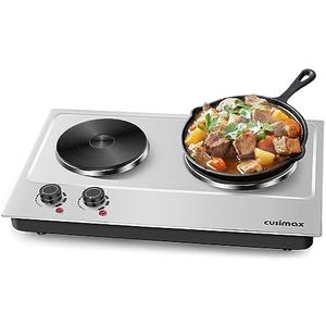 Hot Plate,Cusimax Double Burner 1800W Cast Iron Heating Plate,Electric Stove with Adjustable Temperature Control,Stainless Steel,Suitable for Various Scenarios Upgraded Version