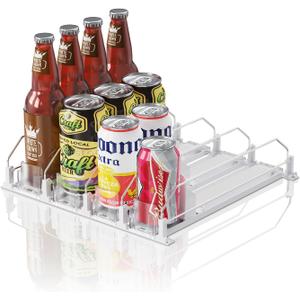 Drink Organizer for Mini Fridge (Fits Depth 12.2"), 12oz 16oz 20oz Soda Can Dispenser, Width Adjustable Automatic Pusher Glide, 12.2" D 4ROW Holds 16 Cans, White