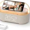 COLSUR Bluetooth Speaker Alarm Clock with Wireless Charger, FM Radio, Adjustable LED Night Light, 6 in 1 Bedroom Portable Speaker 2500mAh, Phone Stand for Bedside, Home, Office, Gift (Wood) (Beige)