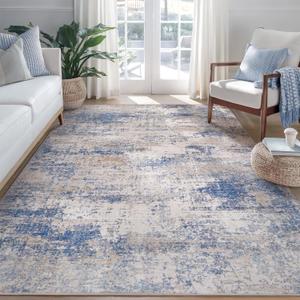 Washable Area Rug Living Room Rugs-5x7 Large Soft Non-Slip Carpet for Bedroom Dining Room Modern Abstract Neutral Low Pile Floor Rugs Stain Resistant Indoor Nursery Home Office,Blue Brown