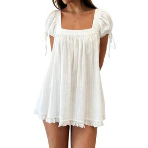 Women Square Neck Babydoll Mini Dress Y2k Puff Sleeve Flowy Short Dress Loose Bow Tie Ruffle Trim Going Out Sundress (White)
