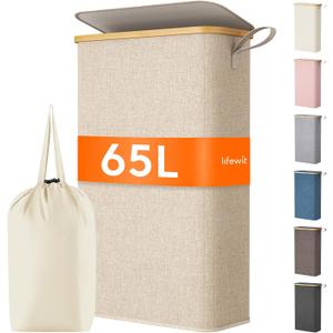 Lifewit 65L Slim Laundry Hamper with Lid, Narrow Laundry Basket with Removable Bag & Bamboo Handles, Foldable Thin Dirty Clothes Hamper for Laundry Collapsible Bin for Bathroom Bedroom Dorm, Beige