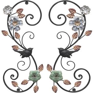 Birminwind Metal Flower Wall Art for Living Room: 2pcs 3D Floral Wall Dcor with Leaves Bird for Bedroom Kitchen - 15.16" Vintage Black and Gold Iron Decoration Outdoor