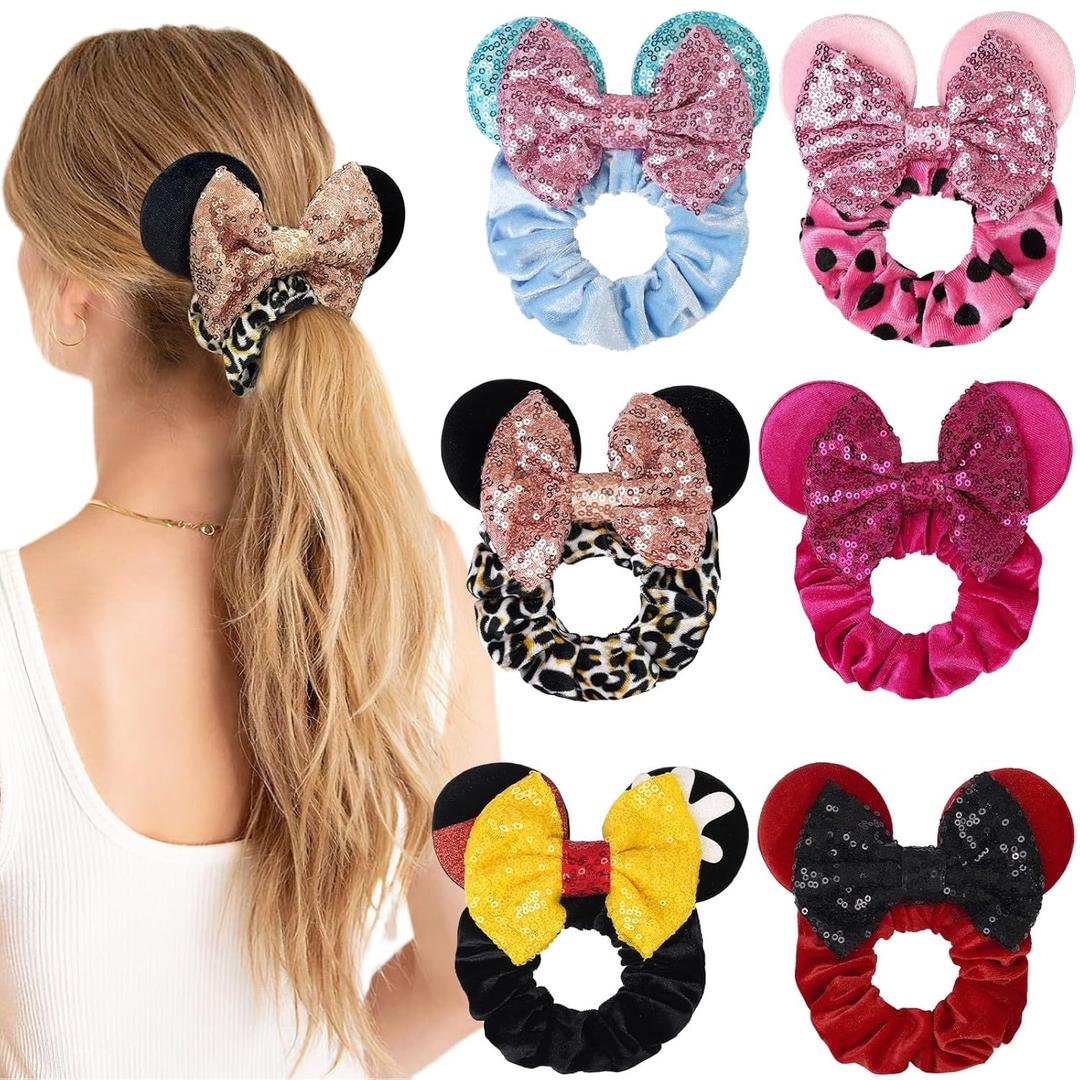 6 Pack Velvet Mouse Ears Scrunchies - Sparkle Sequin Bows Hair Ties for Kids, Women & Girls - Christmas Party Decoration (style3)