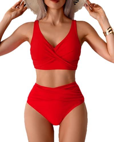 Fanuerg Women High Waisted Bikini Sets V Neck Cross Twist Front Two Piece Swimsuit Tummy Control Bathing Suit Rose Red M