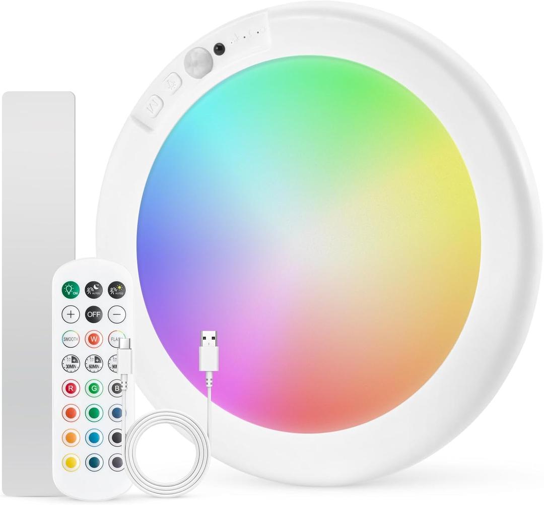 Combuh Rechargeable RGB Shower Lights - 12 Color Changing Ambient Light + Cool White, Motion Activated & Remote Control, Waterproof Cordless Wall Lamp LED for Closet, Pantry, Bedroom, 7.48 Inch (1pack)