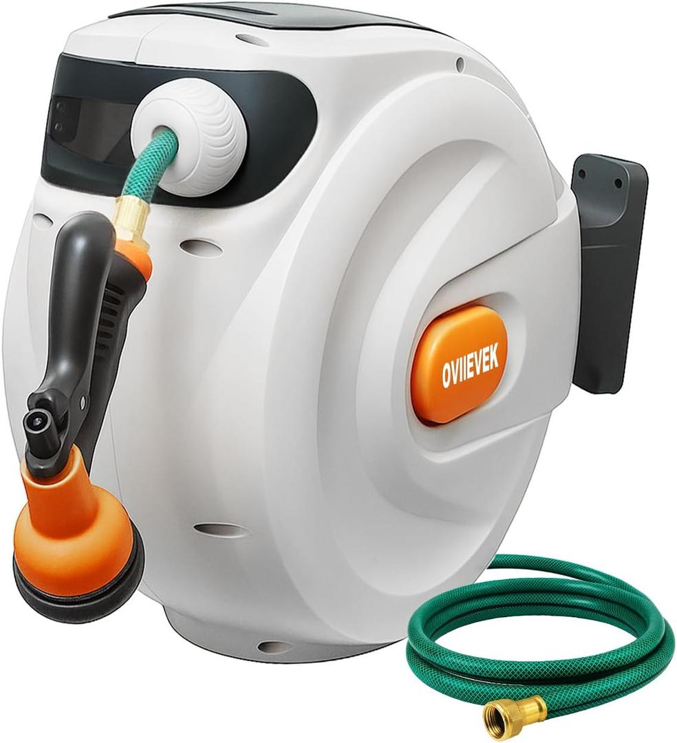 Retractable Garden Hose Reel, 1/ 2 Inch x 100ft Wall Mounted Hose Wall, 180° Swivel Bracket, With Built-in Nozzle, Slow Retraction Any Length Lock