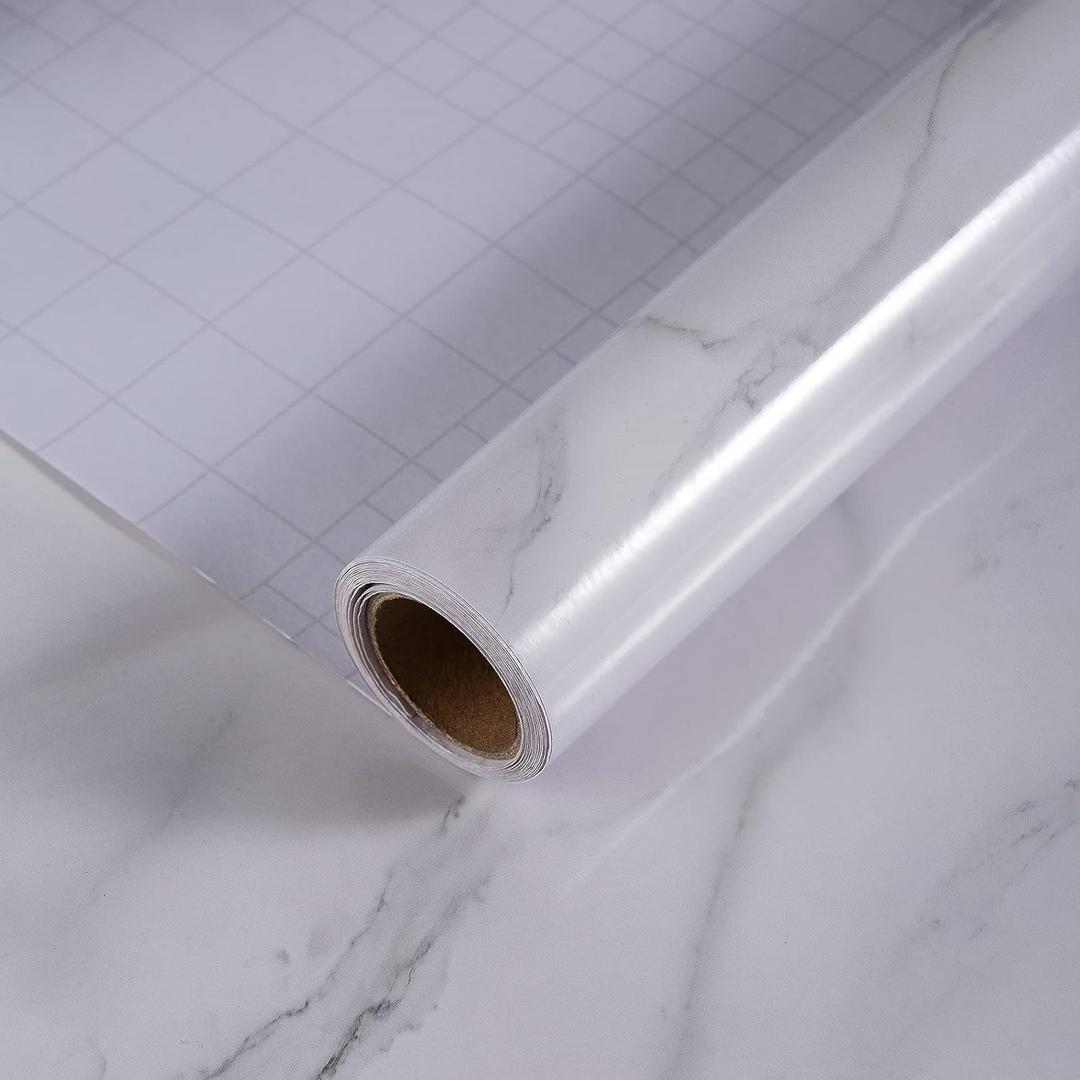 Large White Marble Contact Paper Peel and Stick Marble Wallpaper 48x197 inch Glossy Marble Countertop Vinyl Wrap Waterproof Removable Granite Self-Adhesive Paper for Kitchen Cabinet Bathroom