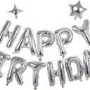 Silver Happy Birthday Banner Balloon Aluminum Foil 16 Inch Letter,10 Inch Five Pointed Star Four Pointed Star Suitable for Kids, Men, Women, Boys and Girls Party Decoration Supplies