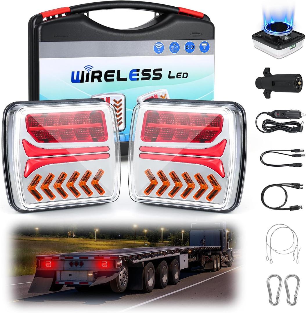 AnTom Wireless Trailer Lights Magnetic, 2PCS Rechargeable LED Tail Lights for Towing Truck, Portable Waterproof Tow Beacon w/Brake Turn Signal Stop Taillight for RV Camper Boat Caravan